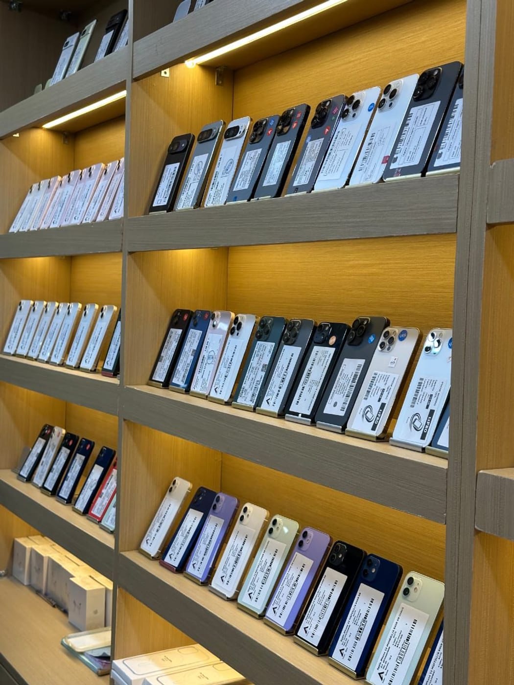 Étagères d’iPhone étiquetés, Pro et Pro Max en haut, 12 et 13 en bas
