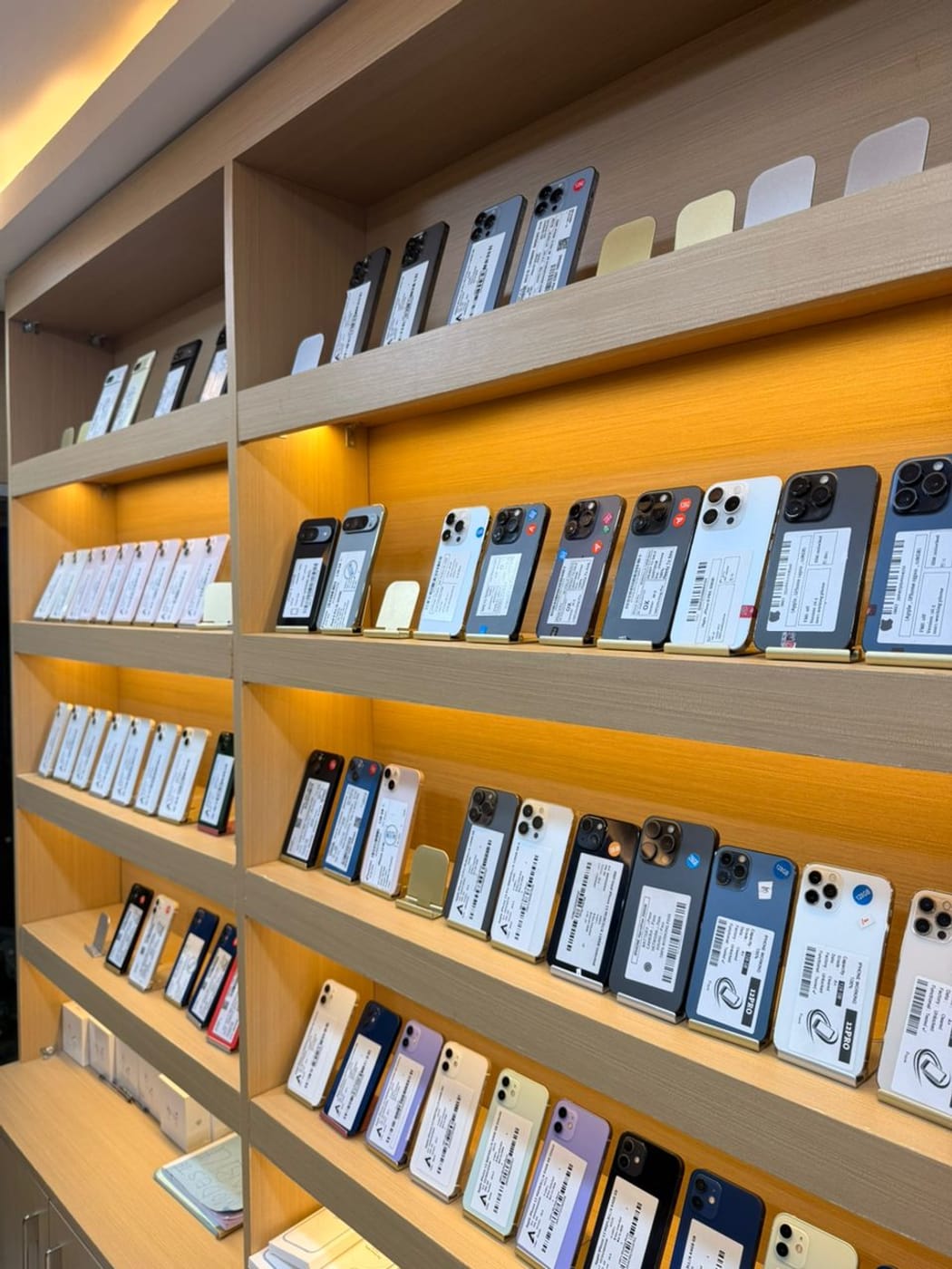 Les rayons de la boutique, iPhone alignés sur quatre étagères